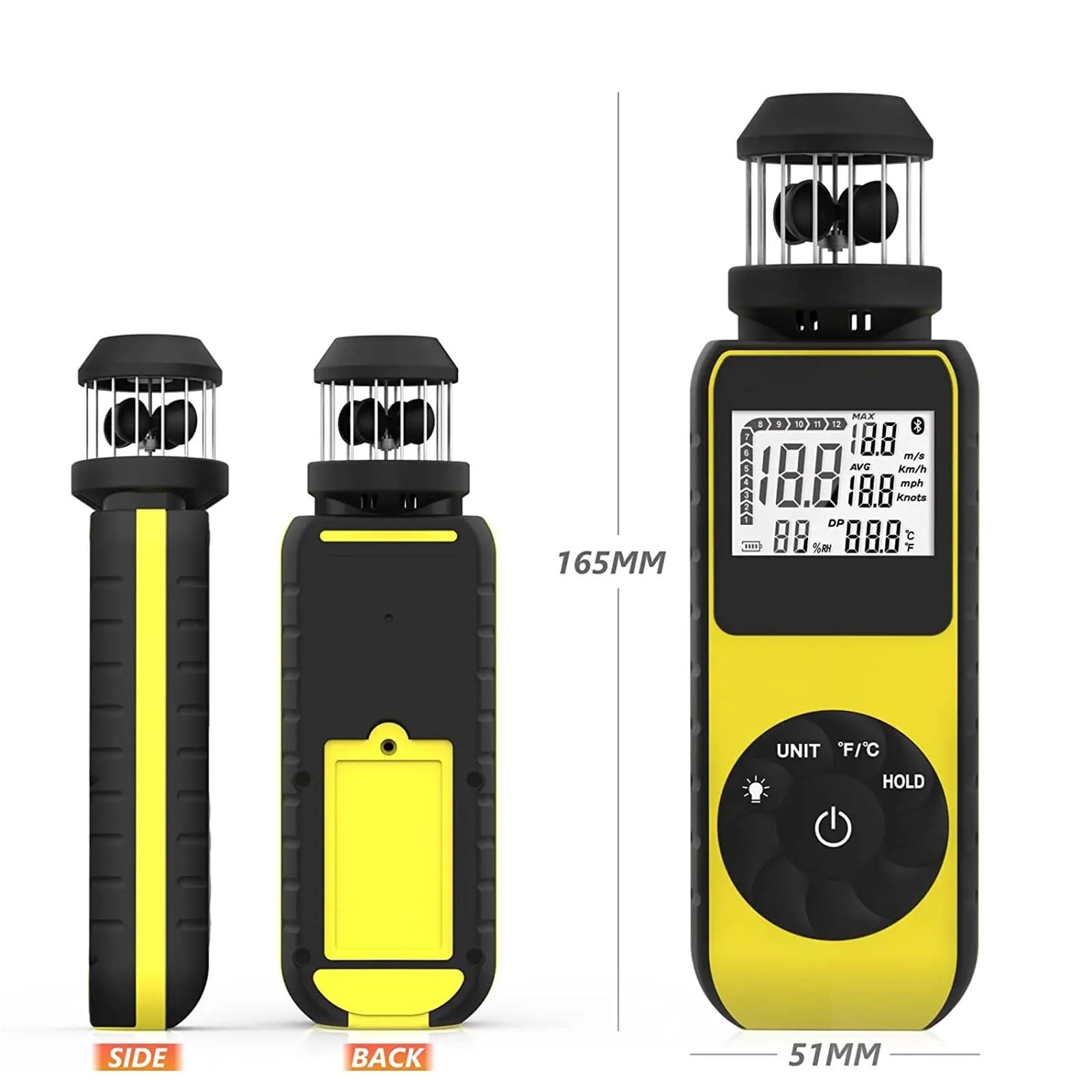 Anemómetro Portátil, Anemómetro de mano, medidor de dirección del viento for medir la velocidad y la temperatura con retroiluminación LCD.