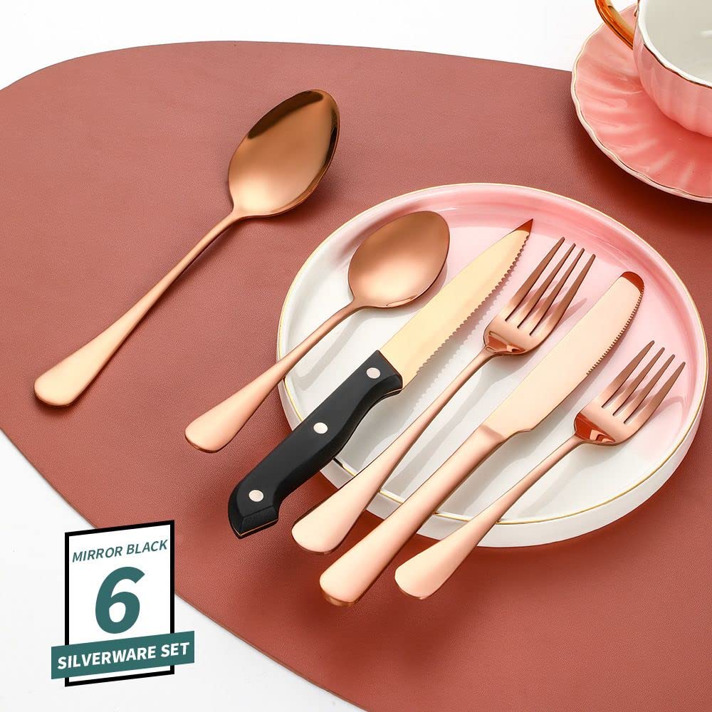 (24 piezas) Juego de cubiertos de cocina de acero inoxidable para 6, cuchillo de carne, tenedor, cucharaditas, comida occidental, postre, banquete, hotel, restaurante (oro rosa)