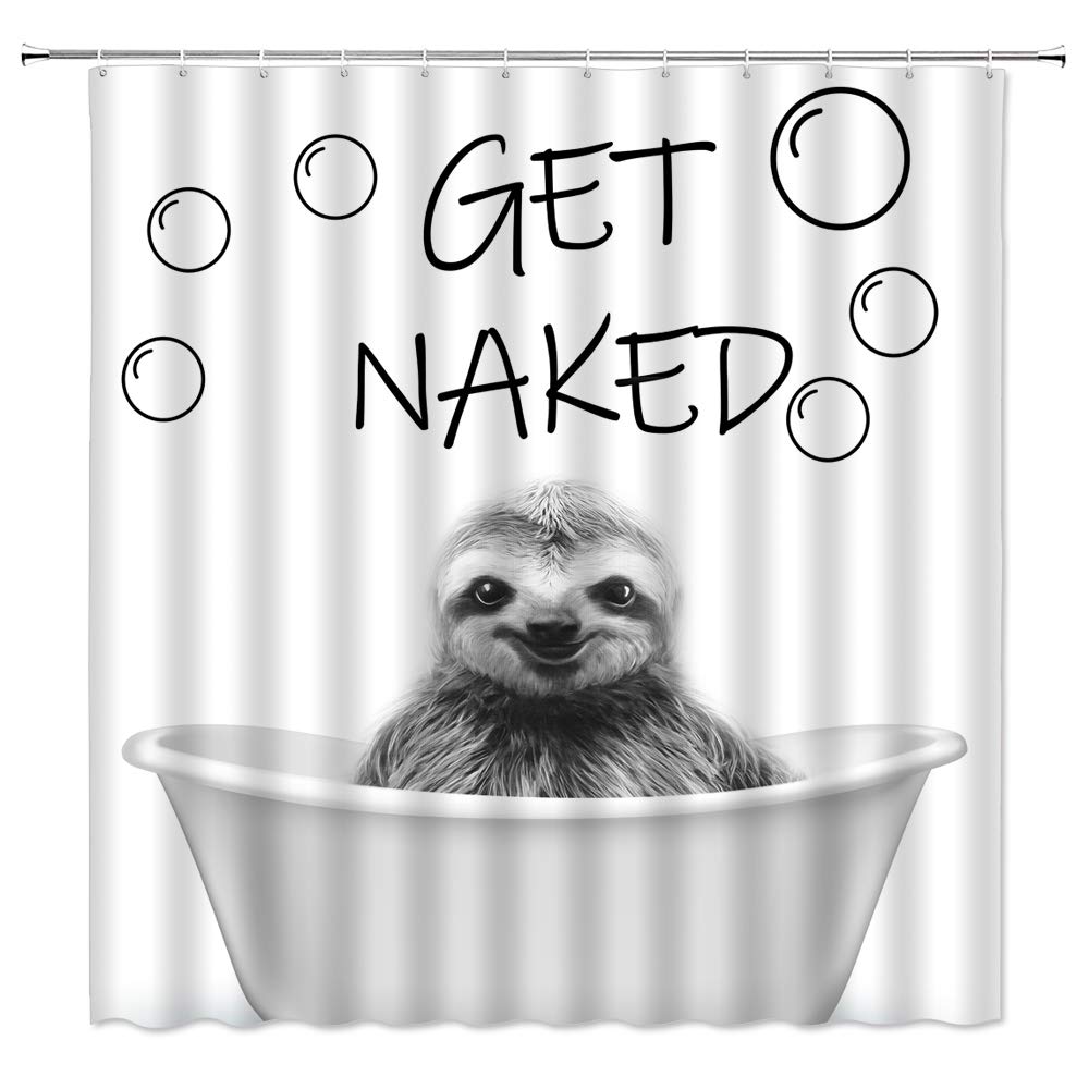 SunheSloth Shower Curtain Black and White Sloth Portrait Funny Quote Get Naked Funny Animal in Bathtub Sketch Pattern Cute Art Print for Kids Fabric Bathroom Decor Sets with Hooks