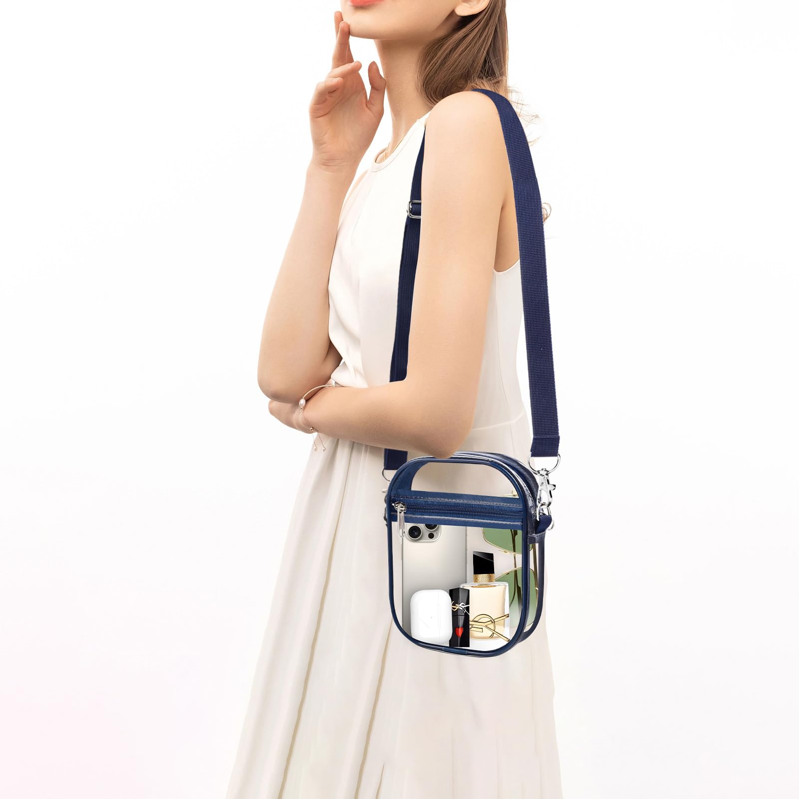 Fibrdoo Clear Crossbody Purse Bag, Clear Bag Stadium Approved with Front Pocket for Concerts Sports Festivals (Navy-Small)