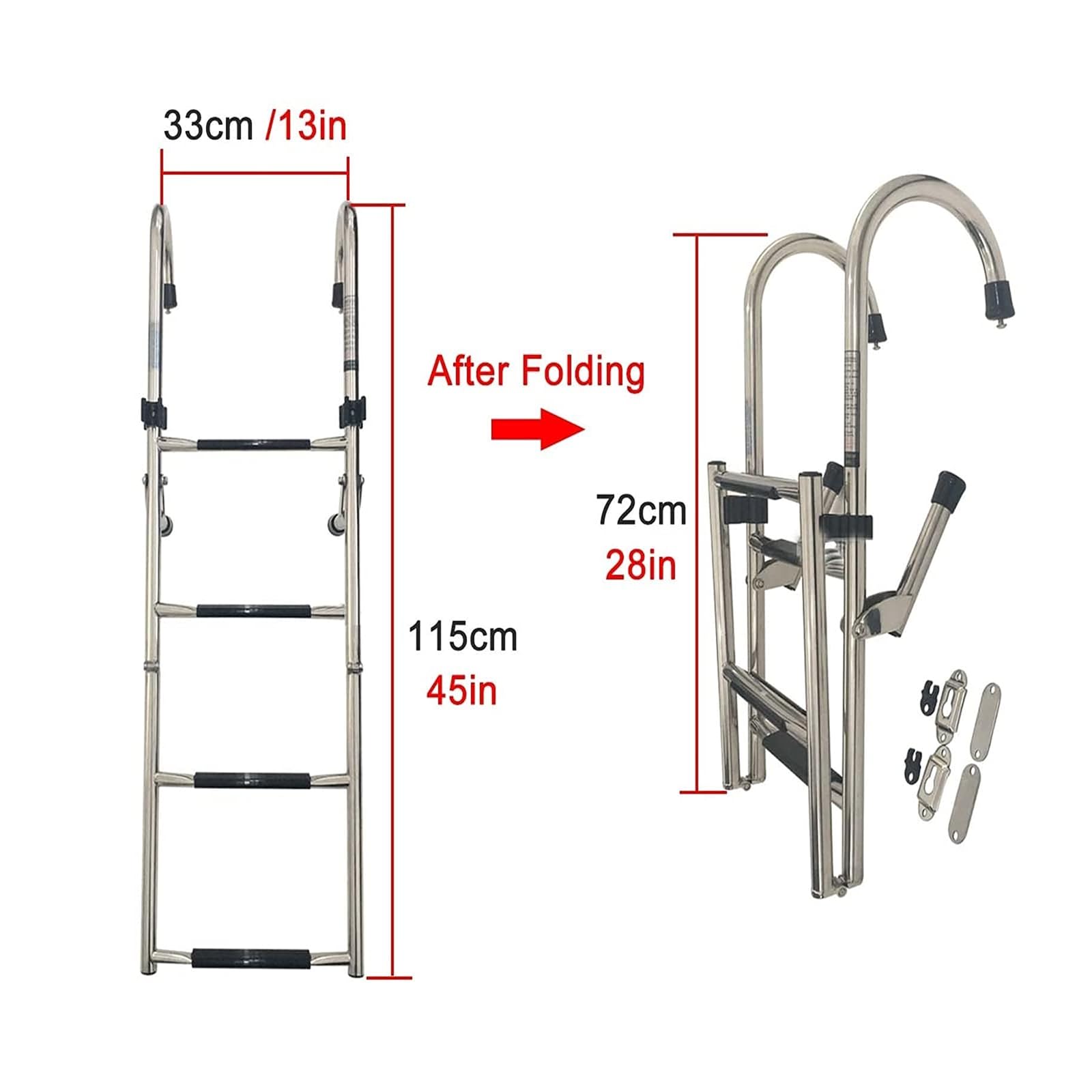 Scaletta pieghevole a 4 gradini per barca, resistente, con clip, in acciaio inox, per ingresso posteriore, pontone, ponte entrobordo