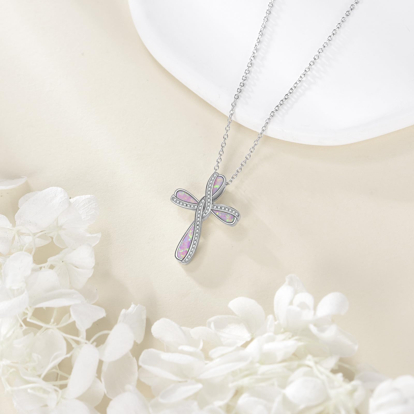 YAFEINI Kreuz Kette Sterling Silber Opal Anhänger Halskette Kreuz Schmuck Geschenk für Damen Frauen Mama