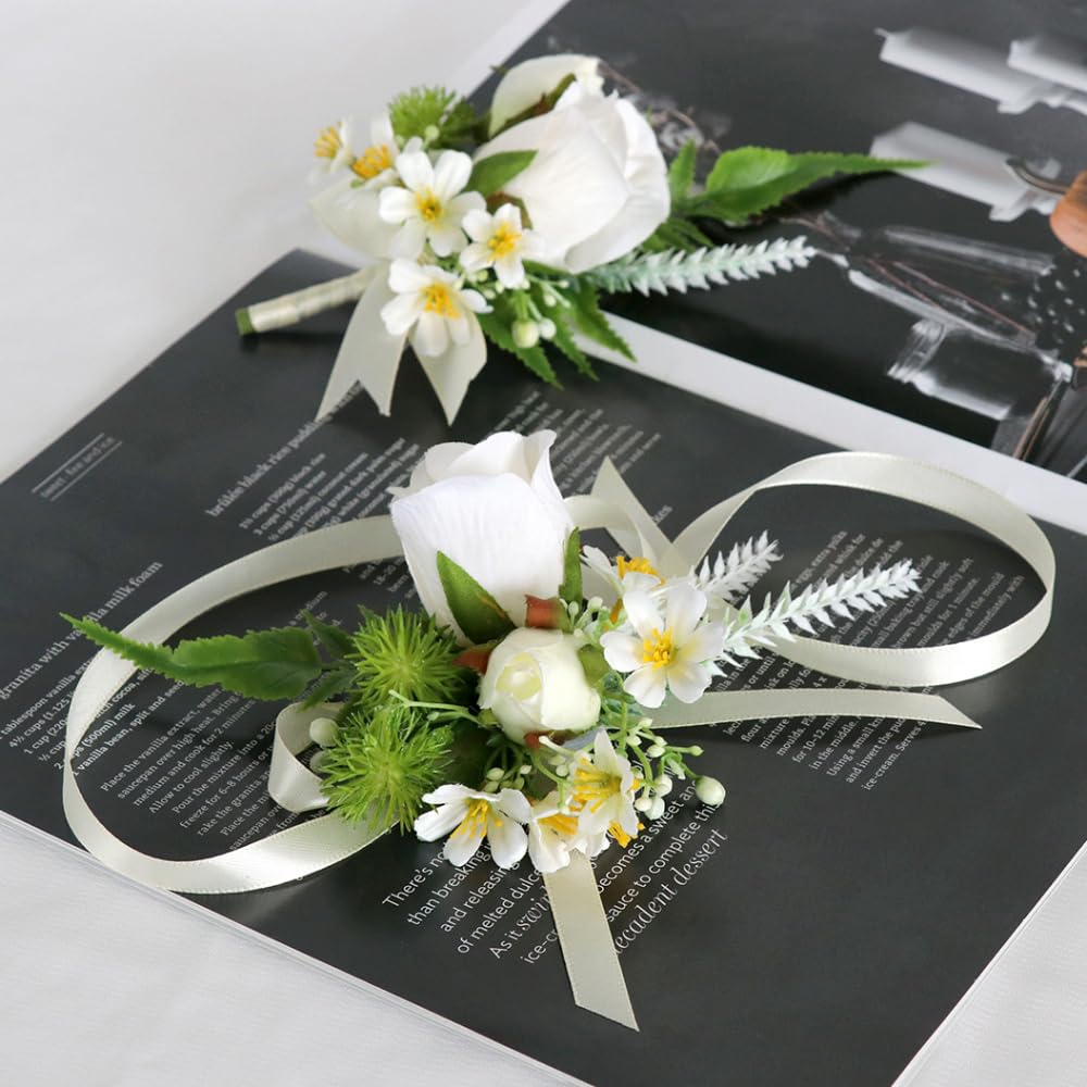 Zestaw bransoletek z kwiatami róż, dla mężczyzn i kobiet, 6 sztuk jedwabnych kwiatów + 6 sztuk różanych dekoracji, broszka, gorset, ręcznie kwiat, boutonnierka dla gości weselnych