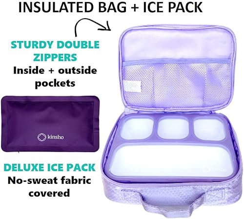 Miniatura 3 de Bento-Box con bolsa de almuerzo y bolsa de hielo. Contenedores para niños, niñas, adultos, aperitivos y almuerzos. 4 compartimentos, cajas de