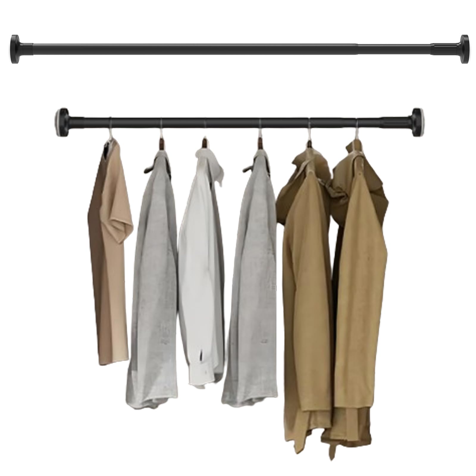 Adjustable Wardrobe Rail Extendable Clothing Rail with Rubber Pads(90cm to 160cm), Heavy Duty Anti-rust Carbon Steel Tension Rod for Hanging Clothes Curtains, Telescopic Clothes Rail Tube Pole, Black