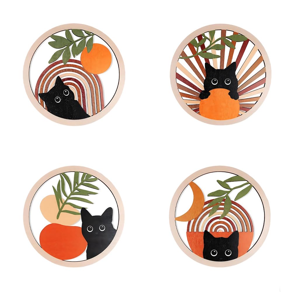 4Pcs Boho Cat Coasters Set, Fun Cat Gifts for Women & Girls, Wooden Personalised Coaster for Tea and Coffee, Cute Drink Coaster for Home Decor, Tabletop Protection and Cat Lover Gifts
