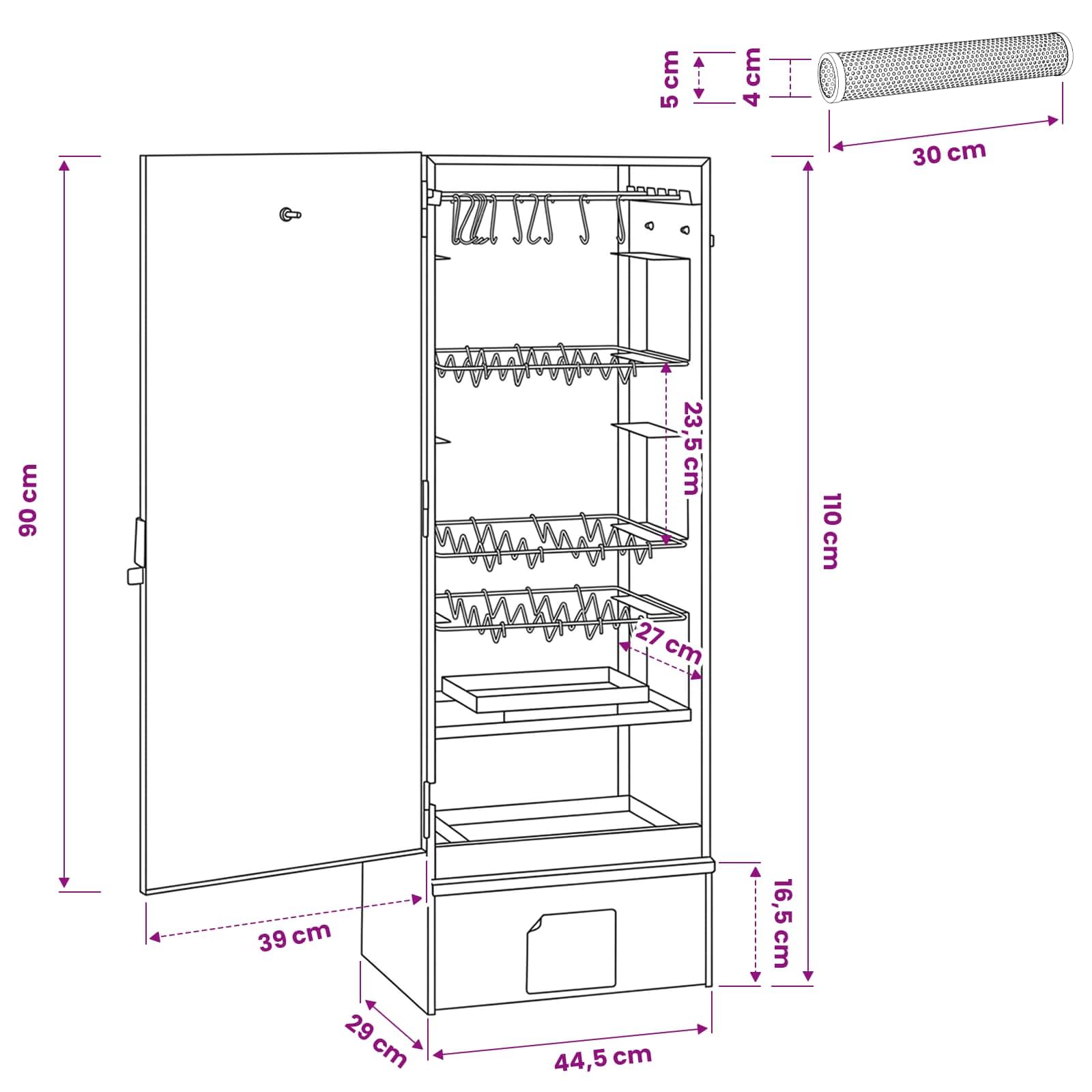 Forno affumicatore, 3 pezzi, 44,5 x 29 x 110 cm, in acciaio zincato, argento | Per uso esterno, componenti in acciaio inox, facile da usare, design moderno, resistente alle intemperie