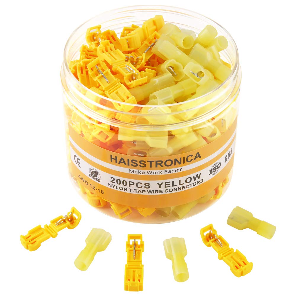 200PCS T-tap Wire Connectors-Haisstronica Quick Splice Wire Connectors,Wire Splice Nylon Tap Connectors(Yellow12-10)for Watercraft,Electrical,Electronics,Aircraft,Boat,Truck,Stereo,Joint