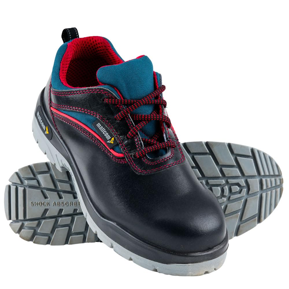 Mallcom Devon Safety Shoes For Men, Black Wood Print Grain Leather, Low Ankle Safety Shoe With Steel Toe, Double Density PU Sole, Blue Cordura Lining, Light Weight & Slip Resistance, 4UK