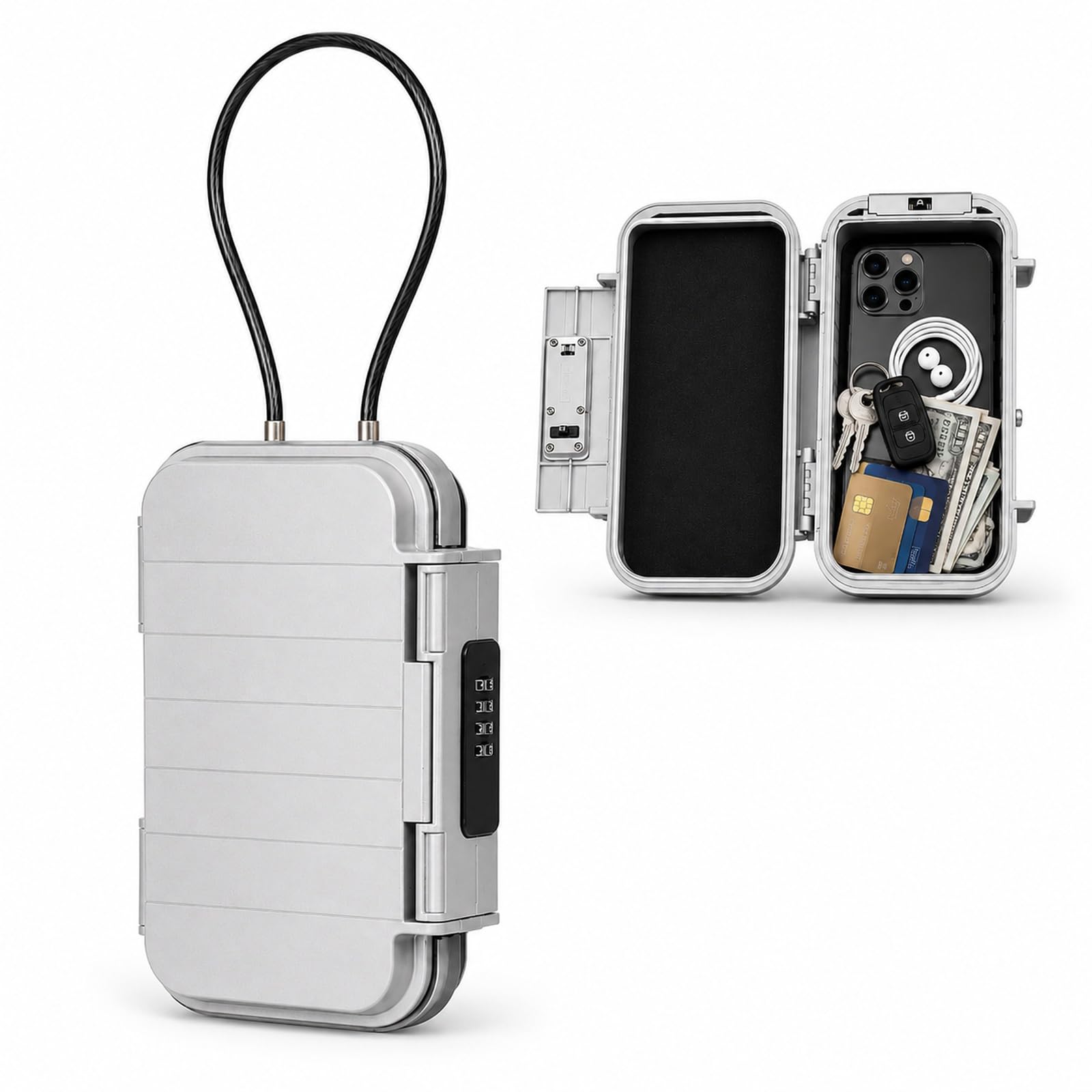 GOOGO Cassetta sicurezza portatile da spiaggia con combinazione, impermeabile antifurto, mini cassaforte viaggio per piccoli valori, piscina, camping e palestra (grigio)