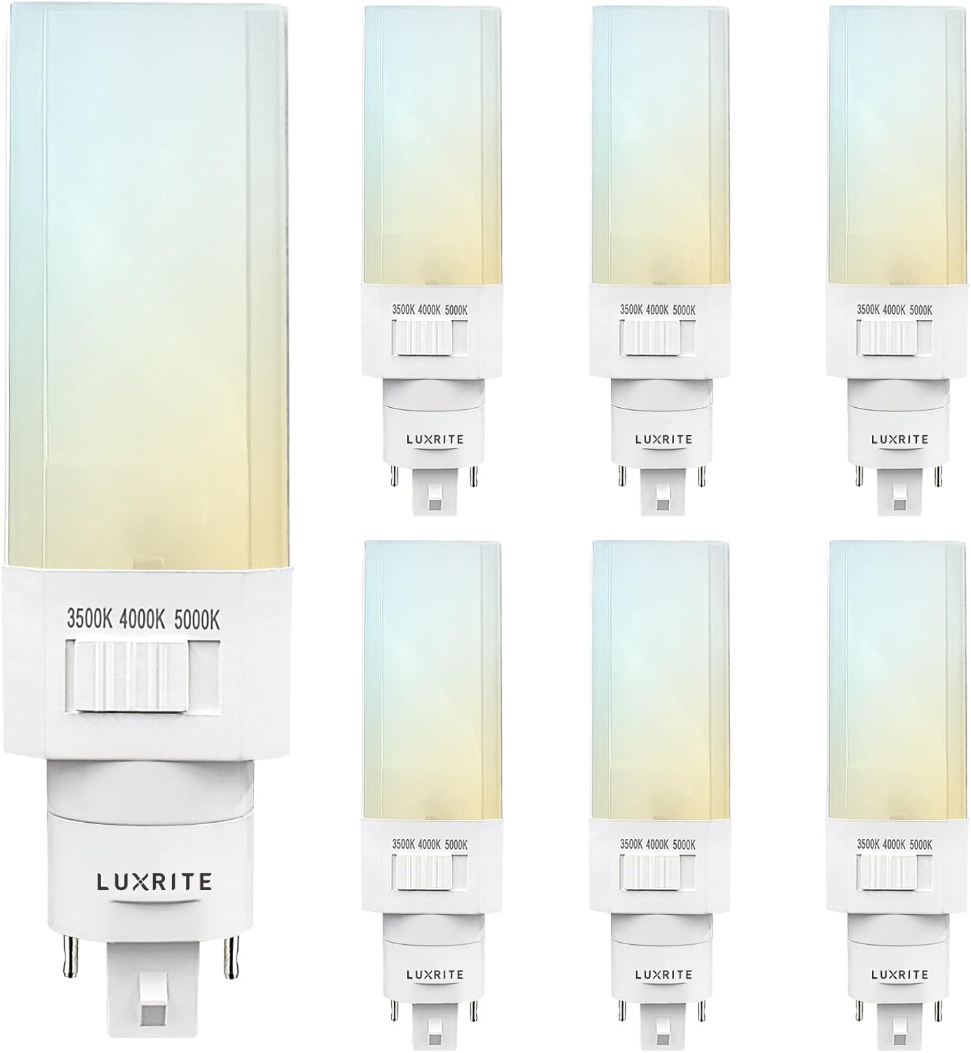 Luxrite Horizontal PL LED CFL Replacement, 11W, Ballast Bypass, Fits G24D G24Q GX24Q, 3 Color Selectable 3500K-5000K, 1450 Lumens, Rotatable, Replace 26W/32W/42W CFL 2 Pin and 4 Pin Base Bulb (6 Pack)