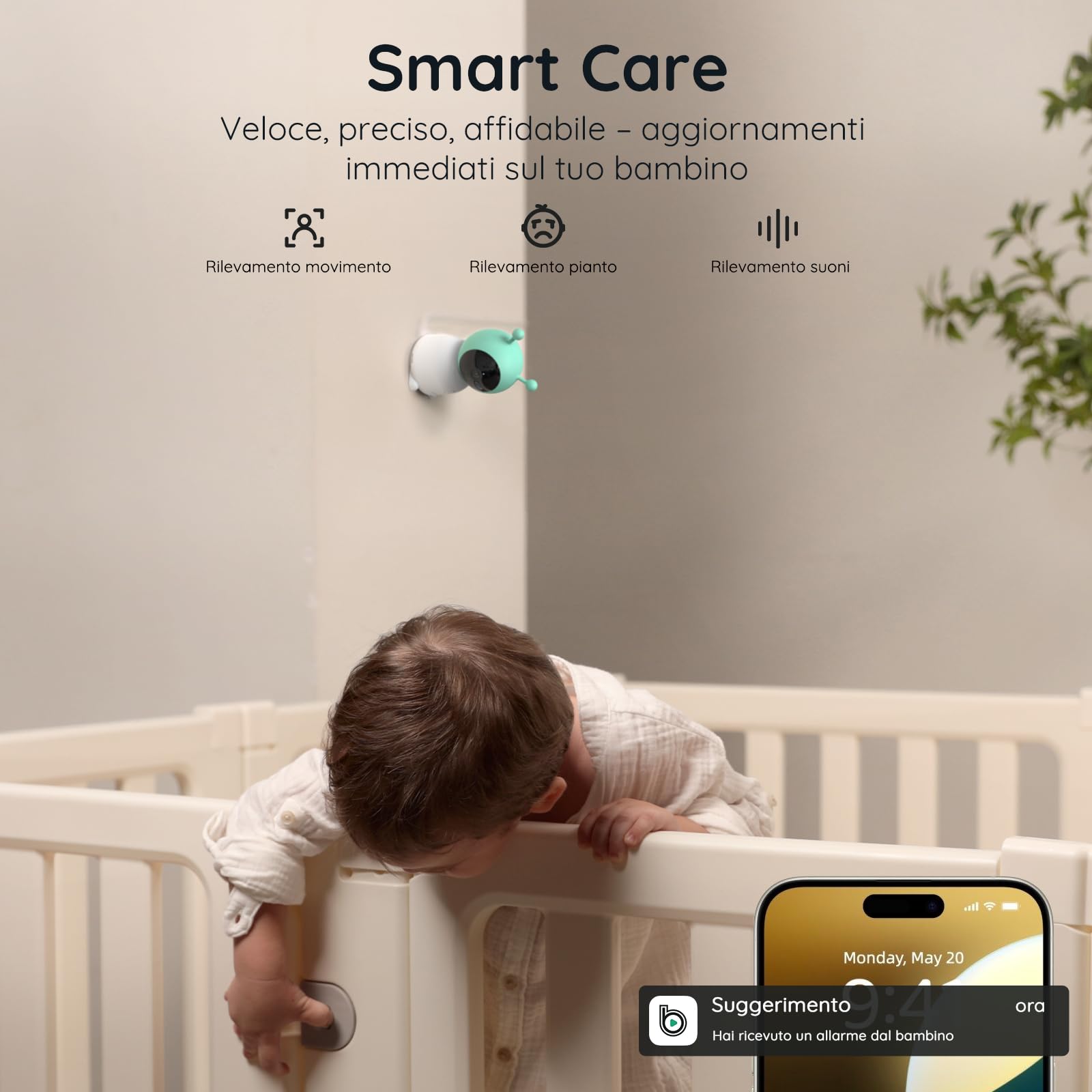 BOIFUN 2K Baby Monitor WiFi 360° con Luci Notturne, Display LCD 5" 3MP, Auto Tracking, Rilevamento Movimento e Suono IA