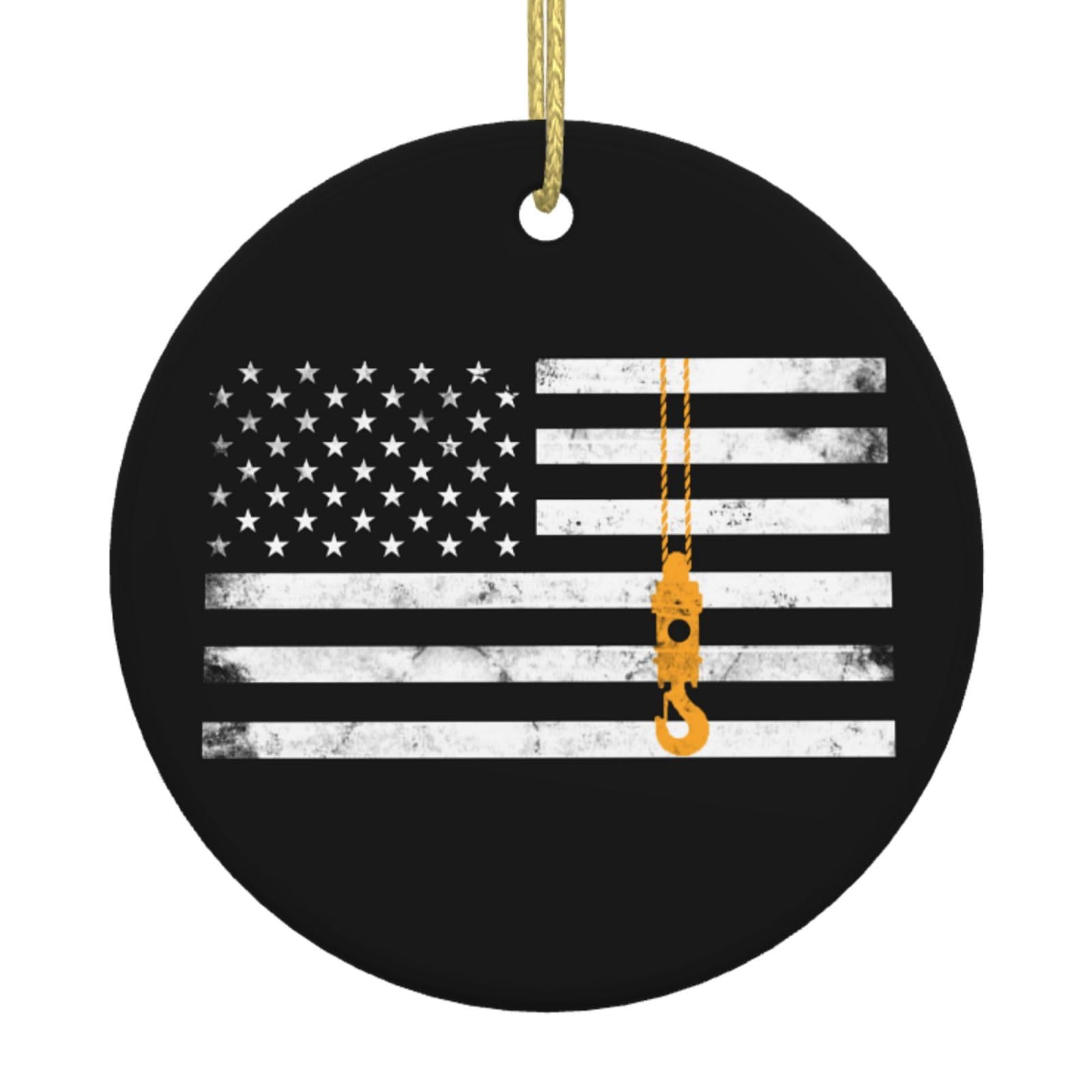 Joisbs Holiday Ceramic Ornament, Lifting Hook Thin American Flag Crane Operator, Double-Sided Round Pendant, Ideal Christmas Decoration