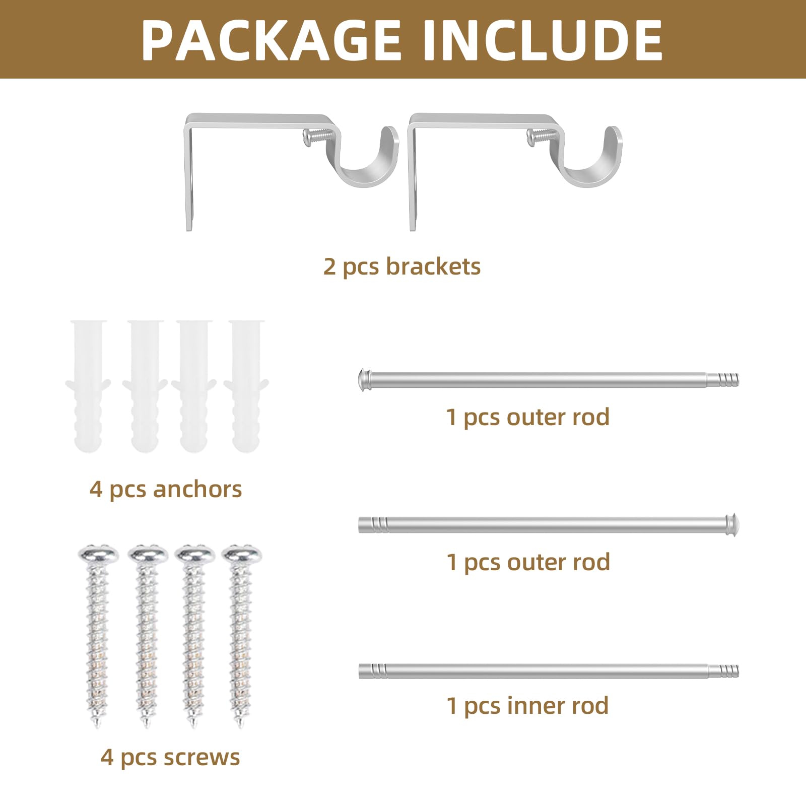 GXOACKJ Brushed Nickel Curtain Rods for windows 30 to 45 inch, 5/8 inch Decorative Curtain Rod Set for Bedroom, Splicing Heavy Duty Metal Curtain Rod with Brackets