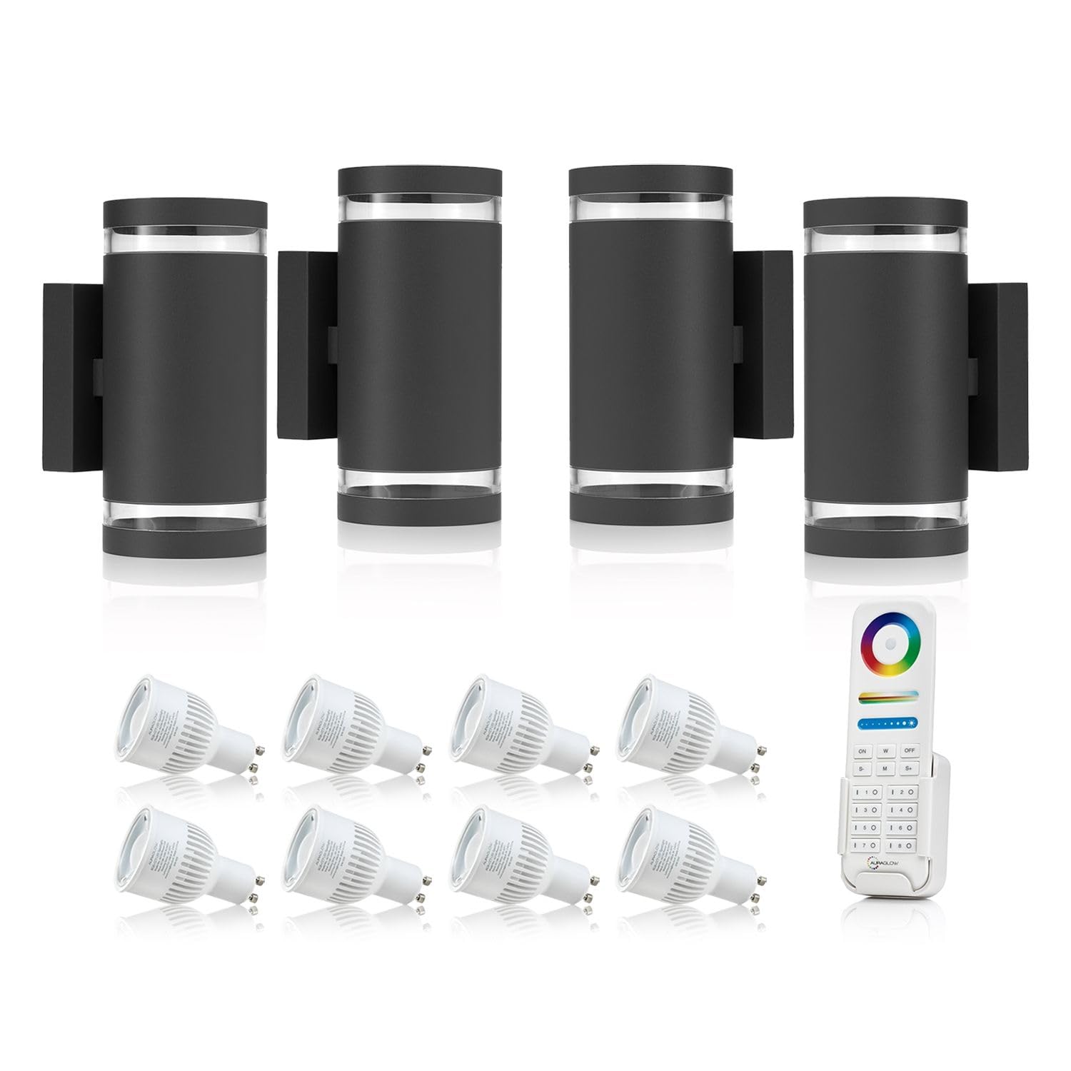 Auraglow RF Remote Control Colour Changing LED Double Up & Down Outdoor Wall Light (with Colour Changing Bulbs & 8 Zone Remote, 4 Pack)