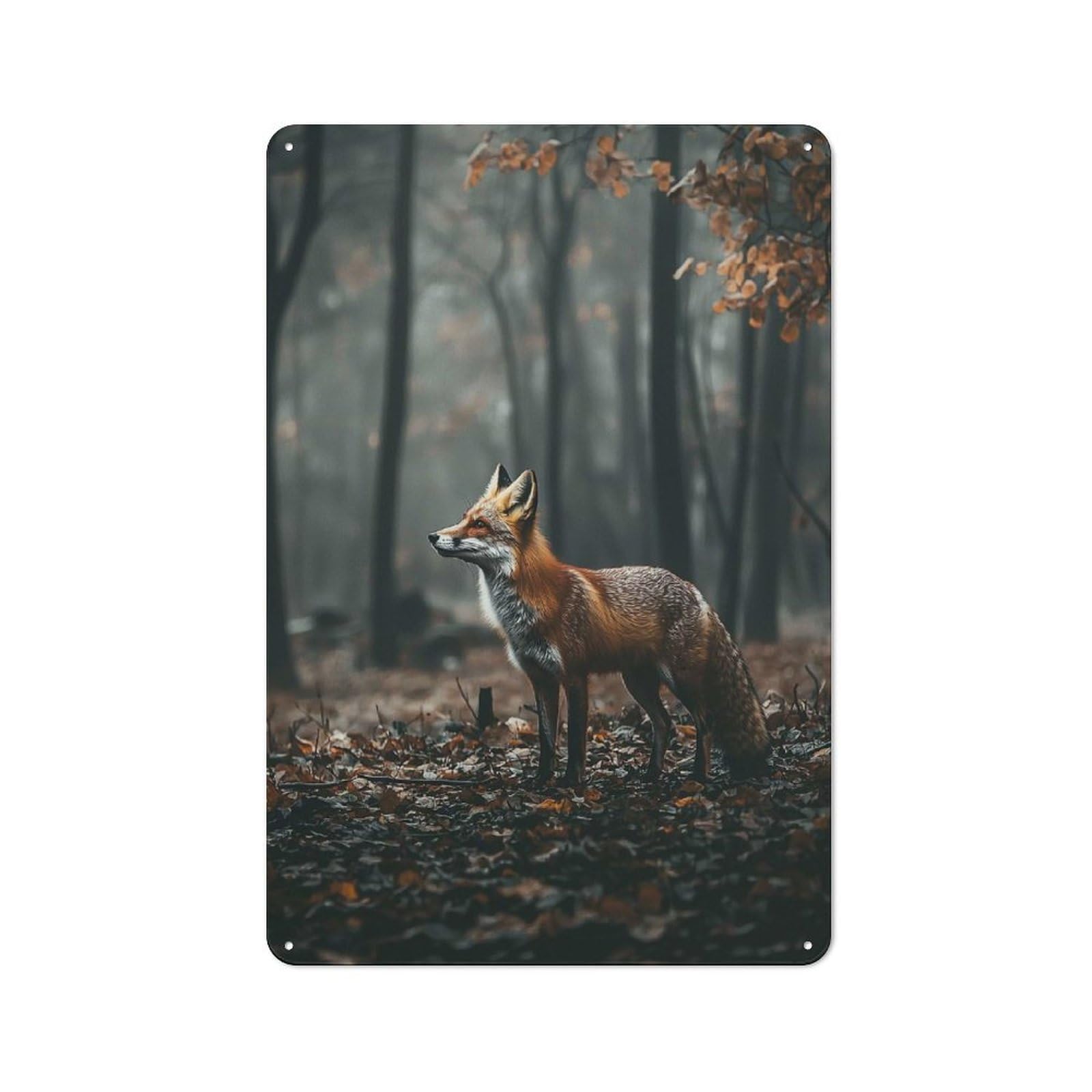 Junmoney Style-13 Industrial Metal Sign With Red Fox In Forest Design 30X20cm, Modern Retro Loft Wall Plaque For Workspace, Cafe, Hallway Or Garage