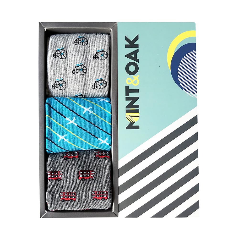 Mint & OakPrinted Crew Socks For Men, Soft Cotton Calf Length Socks, Colorful Sock Gift For Men, Anti-Microbial & Odour Free, Funky Socks - Gift Box of 3