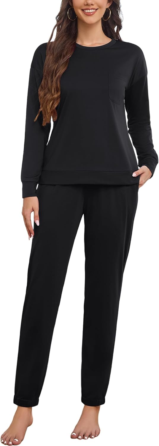 LOCUBE Women's Fleece Pajama Set - Soft Long Sleeve Top & Drawstring Lounge Pants with Pockets, Cozy Winter Loungewear
