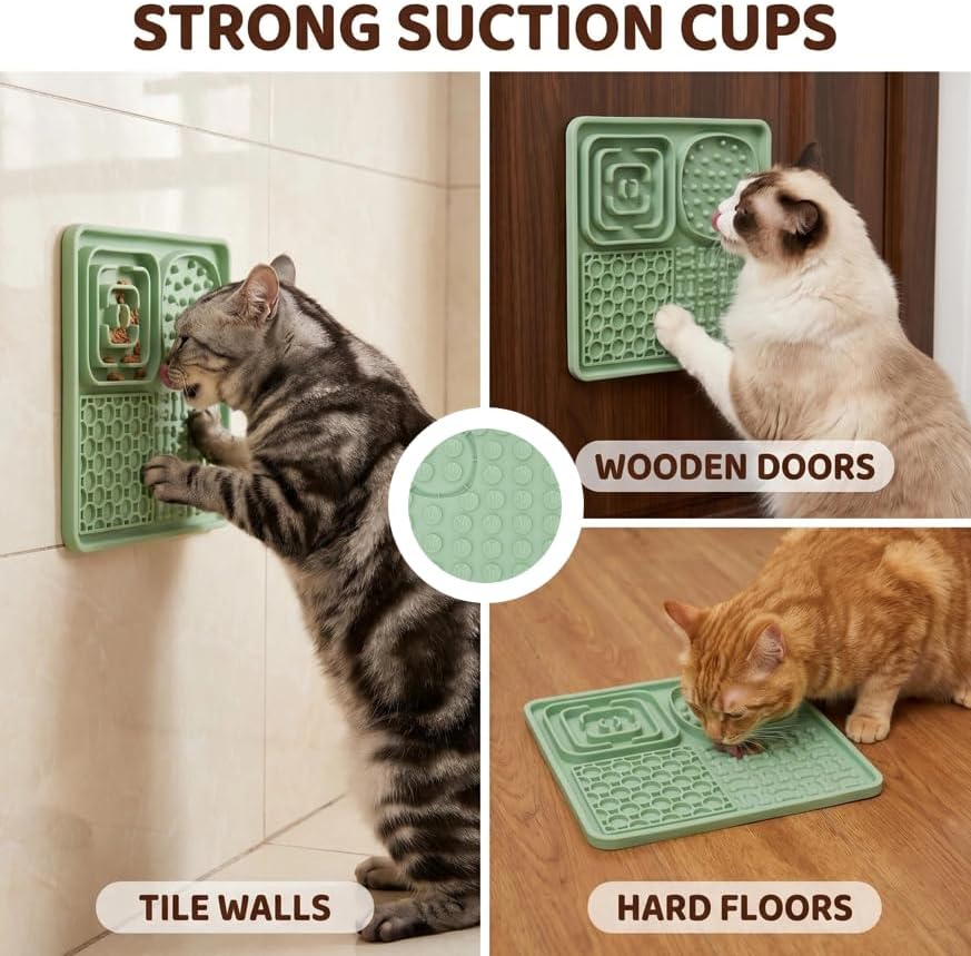 Lick Mat for Dogs and Cats, Cat Slow Feeder Silicone Cat Lick Mat with Suction Cups, Slow Feeder Licking Pad for Anxiety Relief and Boredom Reducer (Green)