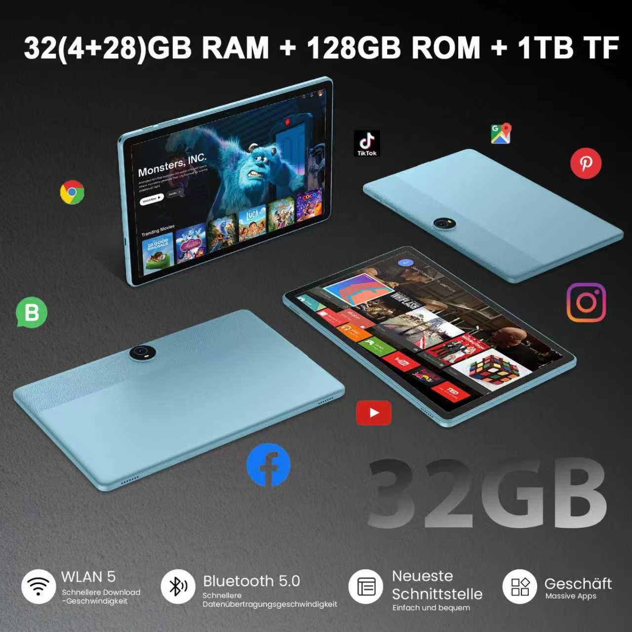 Tablette Android 16,tablette 11 pouces,32 Go + 128 Go extensible à 1 To, pack productivité avec housse clavier, stylet, processeur octa-core, double caméra, WiFi 6, batterie 8000 mAh (Bleu)