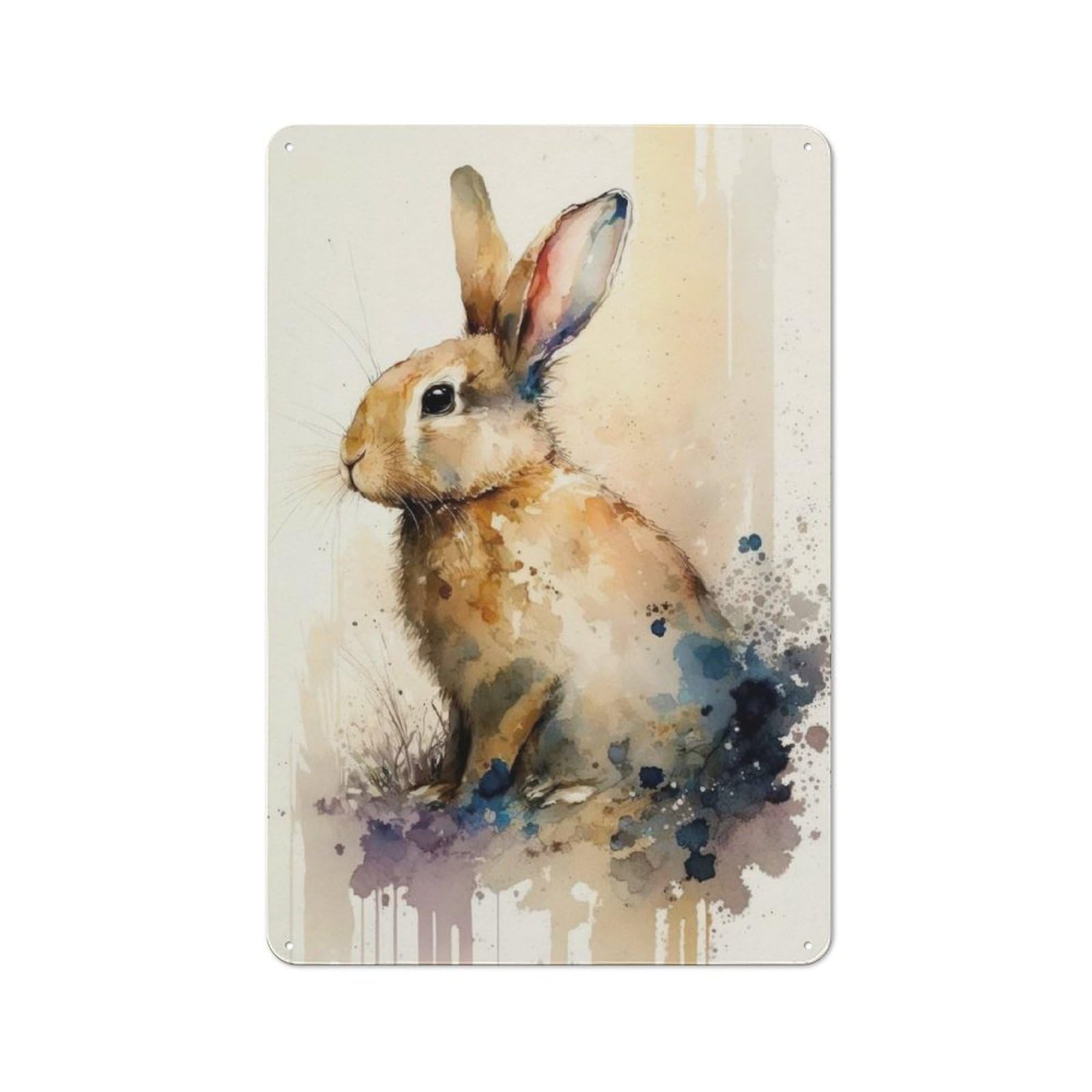 Junmoney Rabbit Watercolor Design Tin Sign 30X20cm For Workshop Wall, Retro Wall Decor, Suited To Metal Sign Collectors