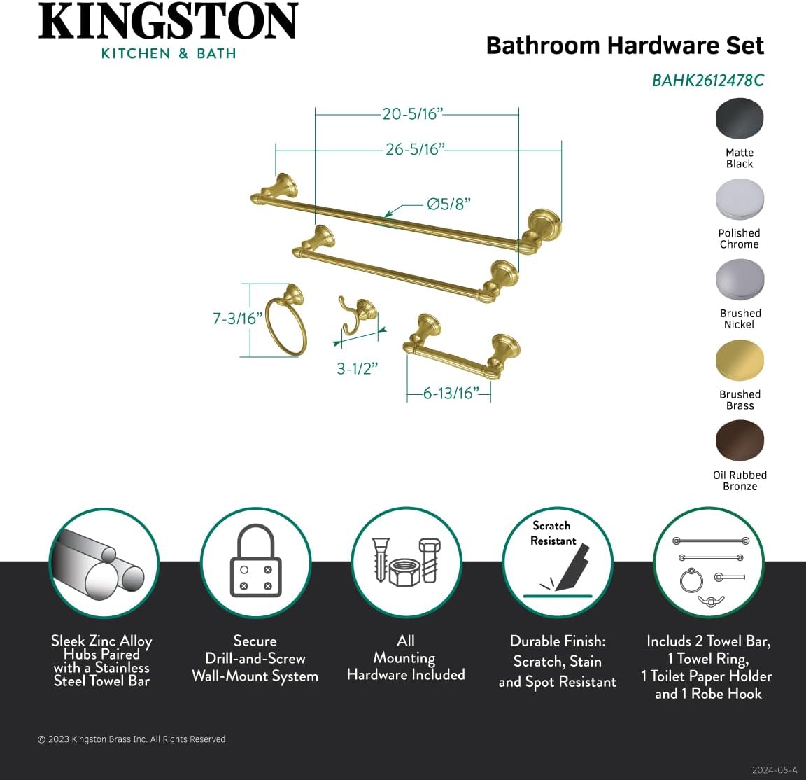 Kingston Brass BAHK2612478C Provence 5-Piece 18-Inch and 24-Inch Towel Bars Bathroom Accessory Set in Polished Chrome