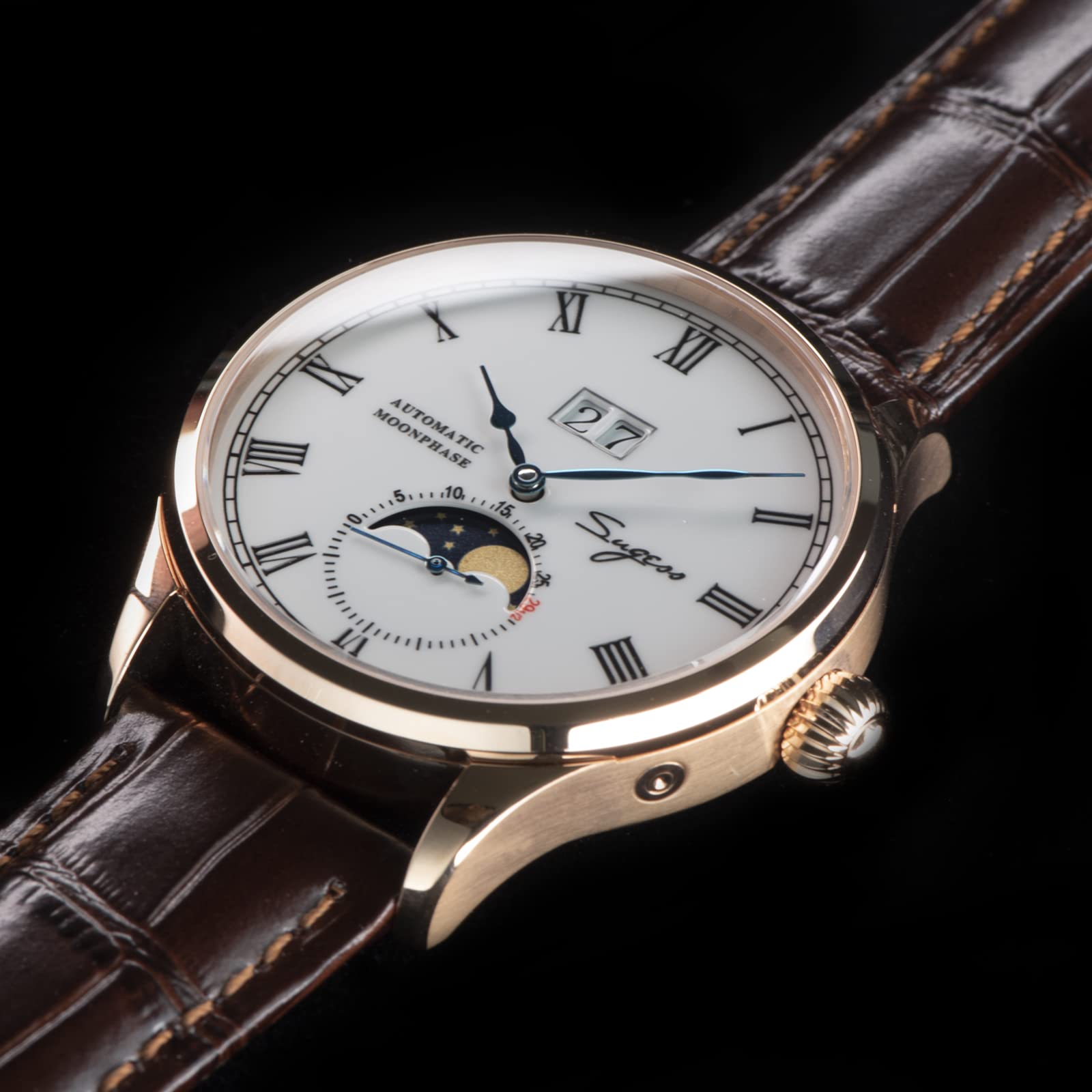 SUGESS Seagull ST2528 Automatik Mondphase Saphir Roségold 1963 BNIB, (SSMP015)