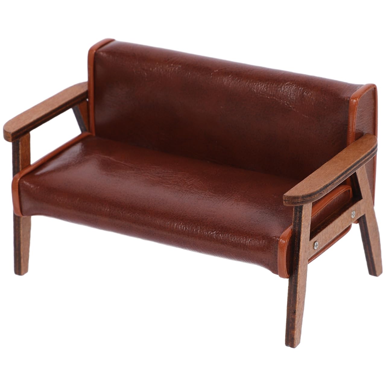 Photo 1 of ibasenice Miniature Wooden Sofa Chair - Faux Leather Mini Couch Dollhouse Furniture 1:12 Scale - Realistic Micro Landscape Decor, Brown Small Bench for DIY Crafts, Photography Props and Collectors