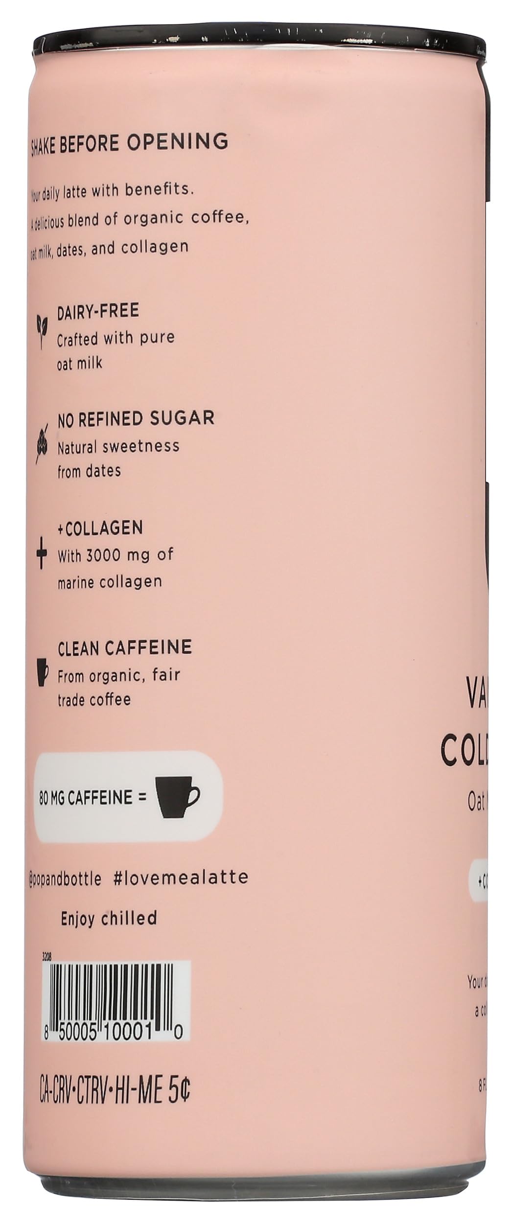 POP AND BOTTLE Vanilla Oat Milk Latte with Collagen, 8 FZ