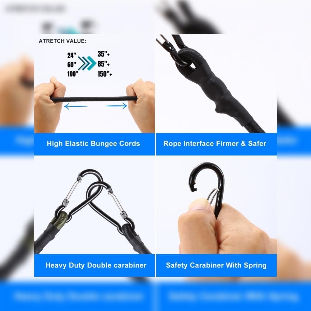 Carabiner Bungee Cords 2 ft Bungie Strap with Clips for Camping,Kayak, Cargo, Bike, Black 24 inch 8 Pcs - Image 3