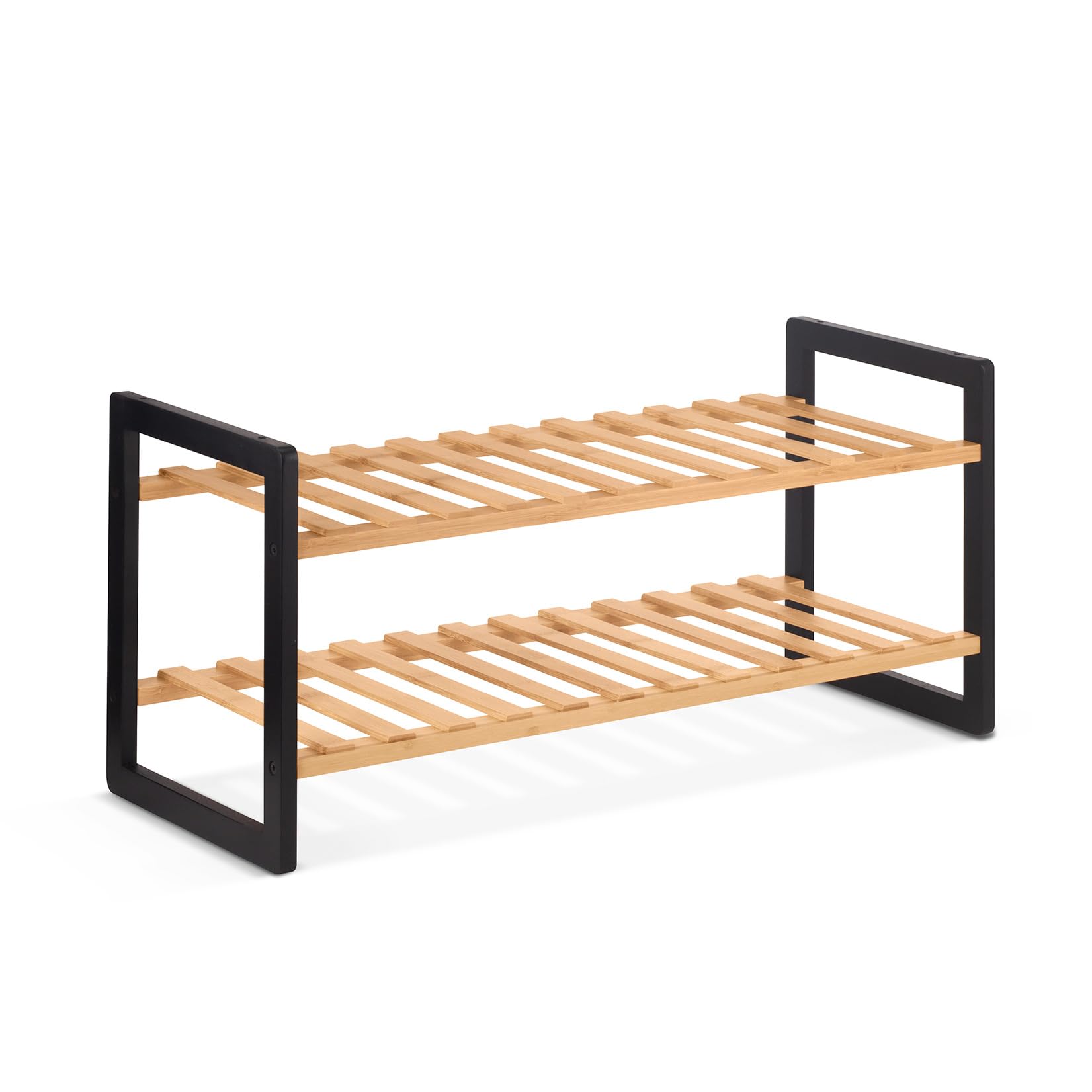 Woodluv Natural 2 Tier Bamboo Shoe Rack Stand Shelf Shelving Hallway, Bedroom, Bathroom, Living Room Organizer Holder Storage, & Black Shade, 69 X 26 X 31 (H) Cm