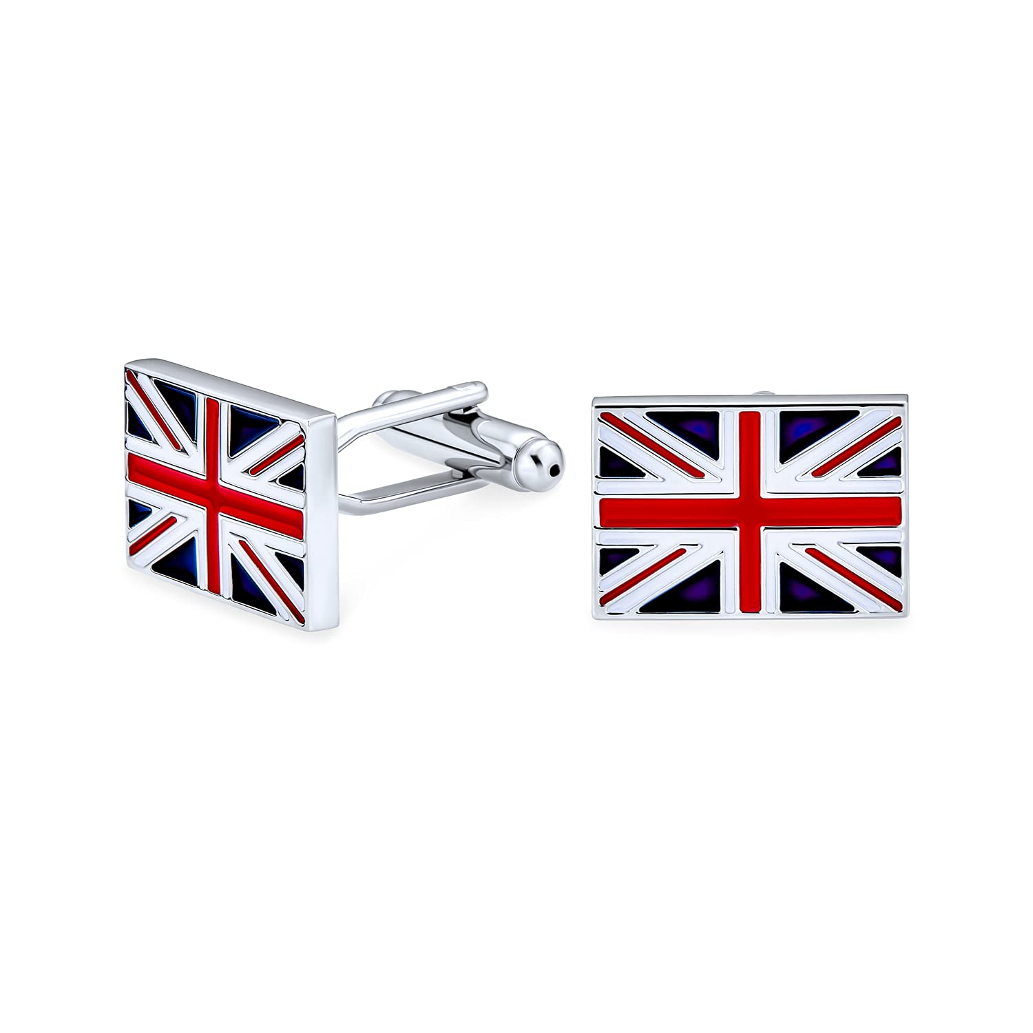Bling Jewelry Inglaterra Reino Unido Union Jack Reino Unido Bandera Británica Rojo Azul Blanco Camisa Gemelos Hombres Ejecutivo Regalo Bala Bisagra Volver Plata Tono Acero Inoxidable