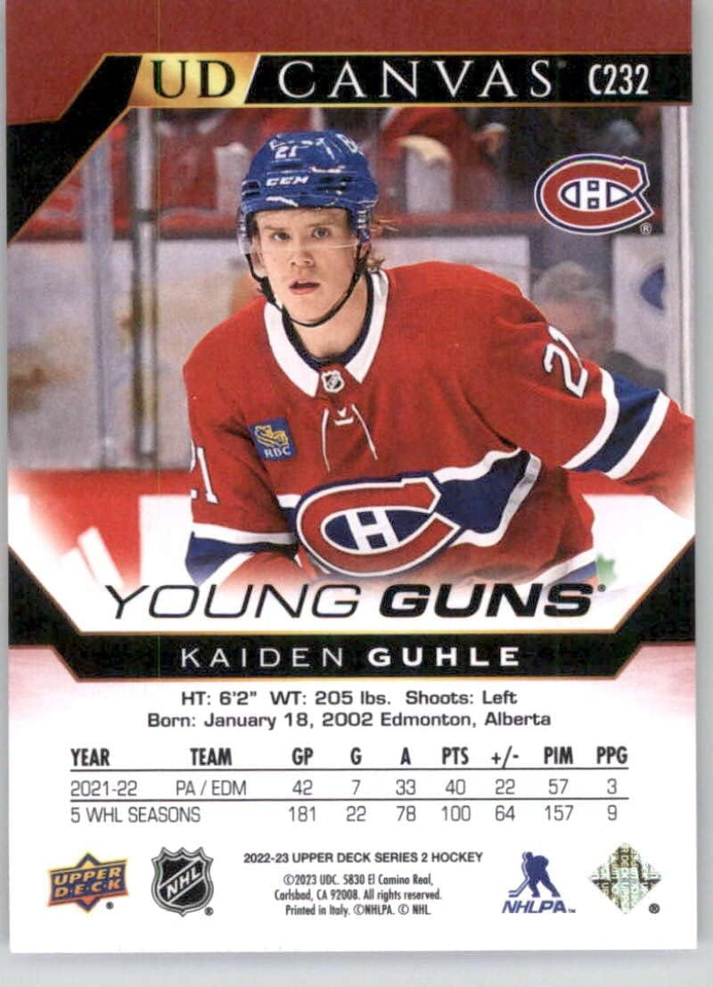 2022-23 Upper Deck UD Canvas #C232 Kaiden Guhle RC Rookie Card Montreal Canadiens Young Guns Official NHL Hockey Card in Raw (NM or Better) Condition