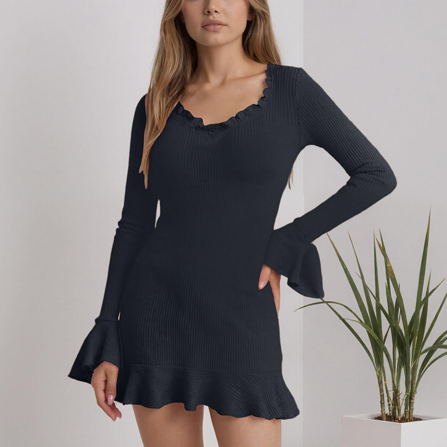 Women's Ruffle Mini Dress Sexy V-Neck Bodycon Dress with Bell Sleeve Fit Slim Party Club Short Pencil Dresses - Image 3