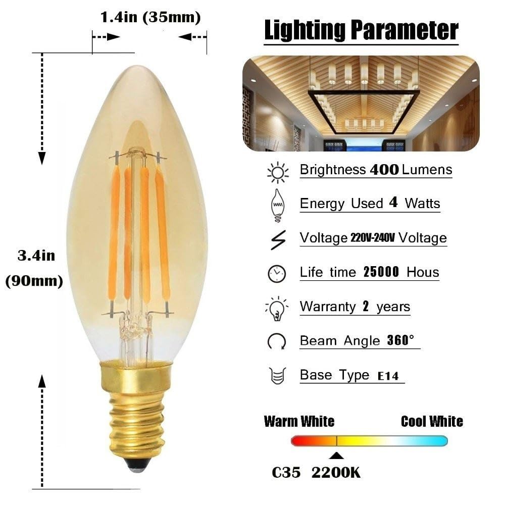 1fortunate Paquete de 5/10/25, bombillas de filamento LED retro C35 4W E14 AC220V bombilla LED tipo vela lámpara de vidrio ámbar(25PCS)