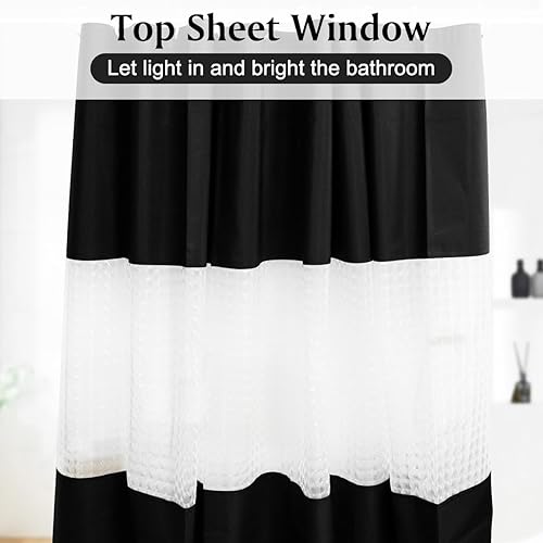 Miniatura 3 de timecity Cortina de ducha de plástico negro de PEVA con 12 ganchos blancos, forro para ventana superior transparente, cortina de baño impermeable