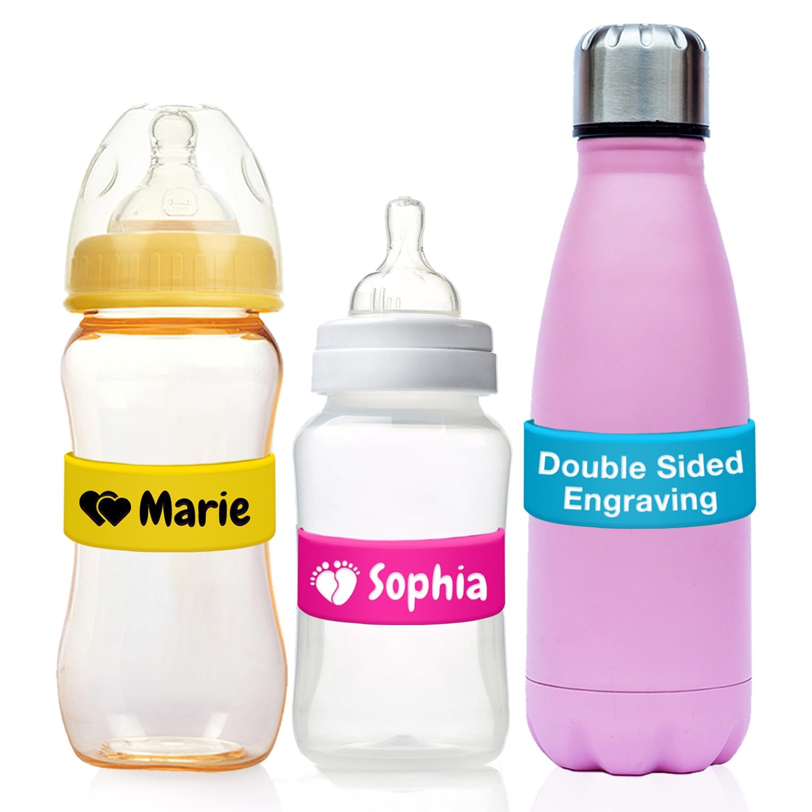 Personalized Baby Bottle Labels for Daycare School Custom Kids Water Bottle Name Bands Customized Engraved Reusable Silicone Cup Strap Labels Waterproof 1-15 PCS