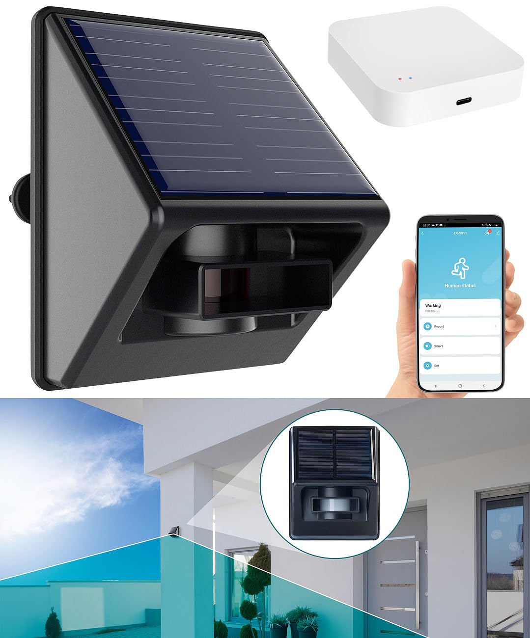 Luminea Home Control App-Bewegungsmelder: Outdoor-PIR-Sensor mit ZigBee-WLAN-Gateway und Solarpanel, IP55 (Outdoor ZigBee Motion Sensor, Akku Bewegungsmelder aussen)