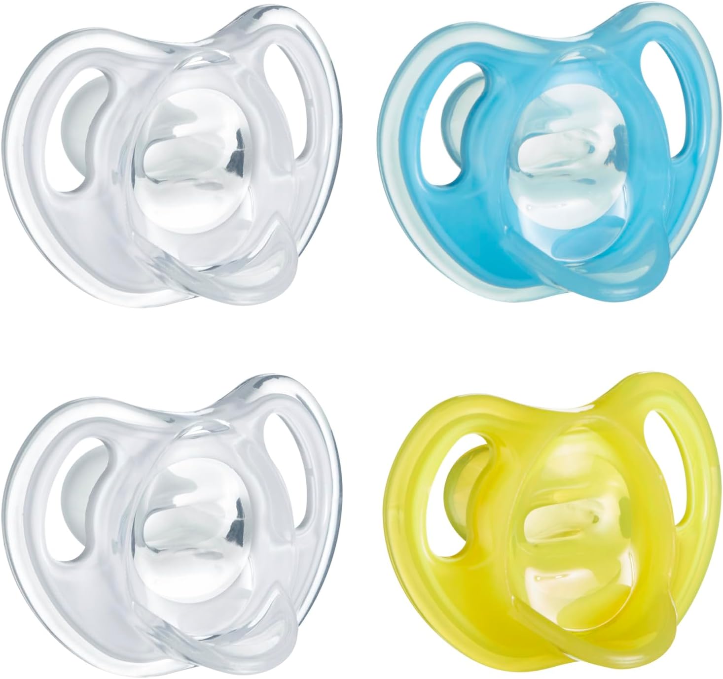 Ultra-Light Silicone Pacifier, 6-18 Months, Symmetrical One-Piece Design, BPA-Free Silicone Binkies, Clear/Blue/Yellow, Pack of 4