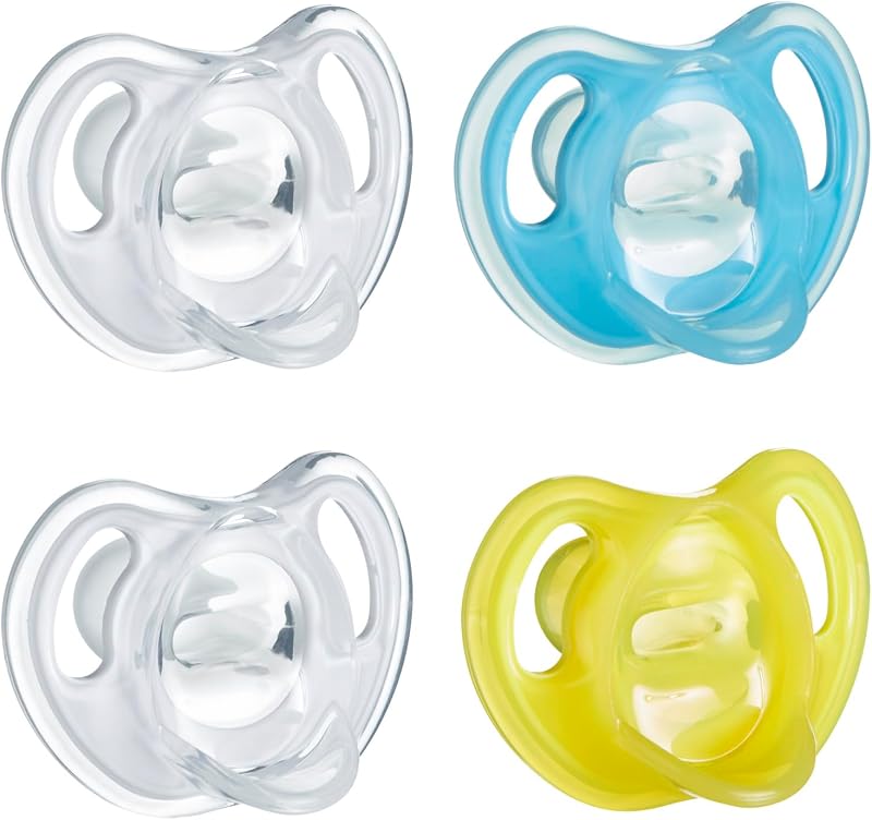 Ultra-Light Pacifier, 6-18 Months, Silicone, Pack of 4 | Symmetrical One-Piece Design, BPA-Free Silicone Binkies, Clear/Blue/Yellow