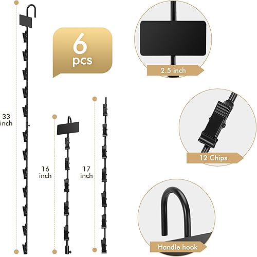 Miniatura 2 de HawHawToys Tiras colgantes de mercancía con ganchos, paquete de 6  Estante de chips de 33 pulgadas con 12 clips, soporte para chips, tira de