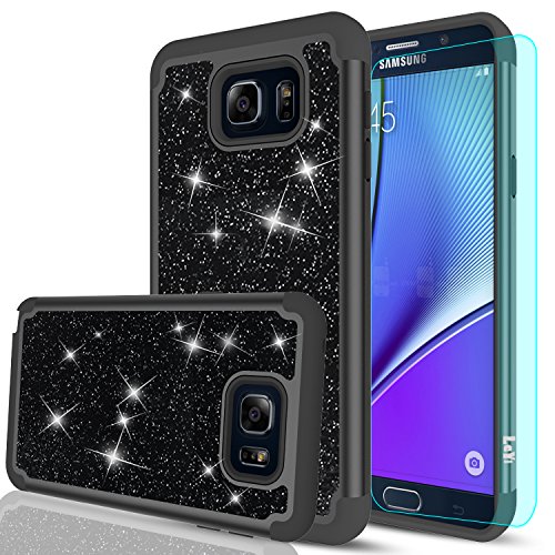 LeYi for Note 5 Case, Galaxy Note 5 Glitter Case with HD Screen Protector, Bling Cute Girls Women [PC Silicone Leather] Dual Layer Heavy Duty Protective Case for Samsung Galaxy Note 5 Black