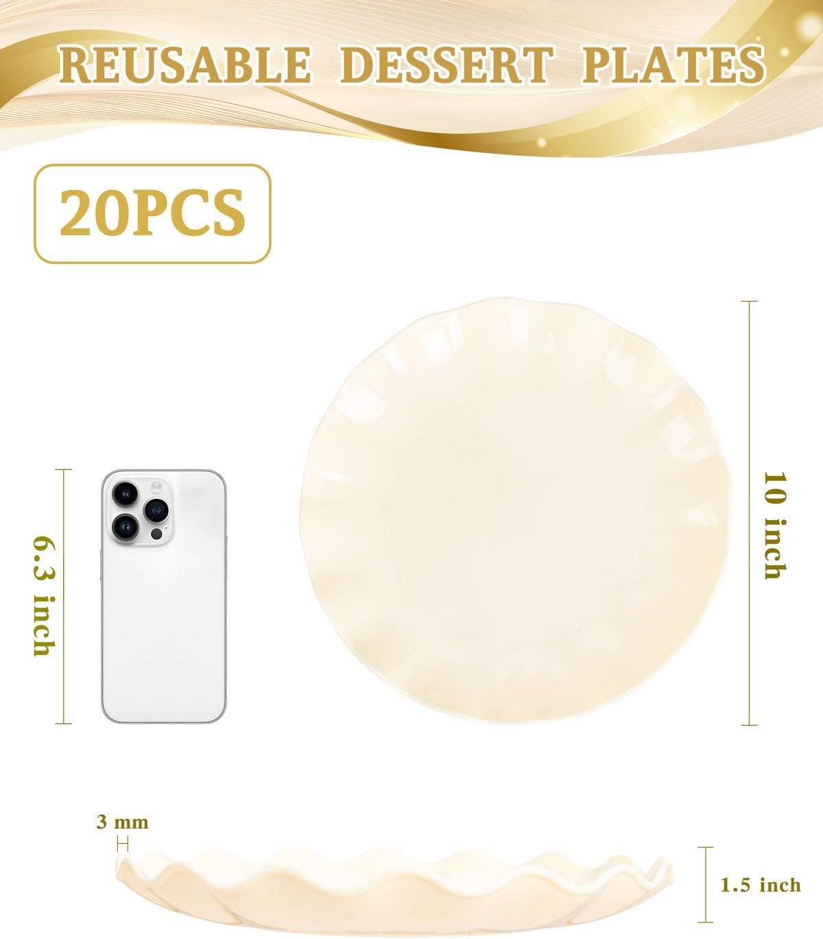 LIYH 20 Pcs 10 Inch Beige Plastic Plates Reusable - Unbreakable Plastic Scalloped Wavy Dinner Plates for Baby Shower Camping Party Outdoor Picnics Dishwasher Safe BPA Free - Image 3
