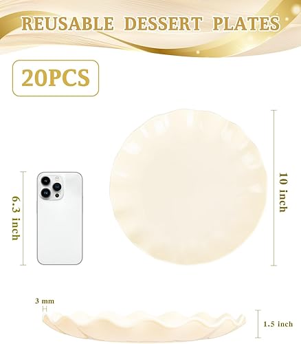 Miniatura 3 de LIYH - 20 piezas platos de plástico beige de 10 pulgadas reutilizables, platos de cena de plástico irrompible festoneados ondulados para baby