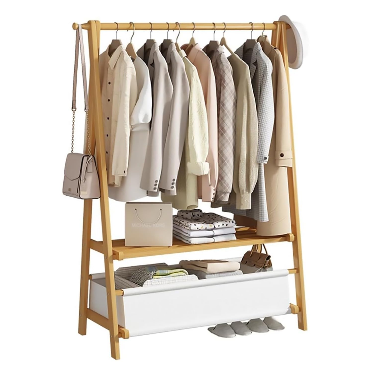 FGXHHS Bamboo Hanging Garment Rack with 2 Tiers Storage Shelves for Clothes Bedroom Free Standing Coat Rack, Lightweight Foldable Stand