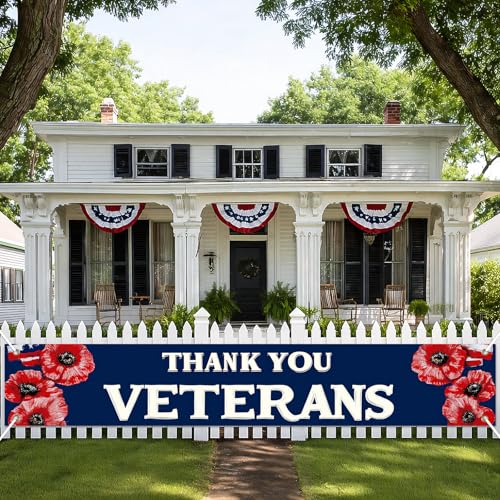 Image of BlissYard Patriotic Banner Thank You Veterans Decorations Banner 118 x 20 inch Independence Day American Flag Outdoor Banner for Yard Fence Porch, Veterans Day Memorial Day Decorations