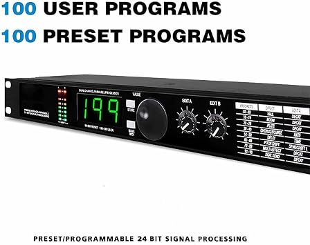 Professional Audio Processor Equalizer, Digital Reverb DSP Processor, Preset/Programmable 24 Bit Signal Processing, 99 Preset Programs, 199 Sound Effects Memory, Automatic Noise Reduction for Recordin