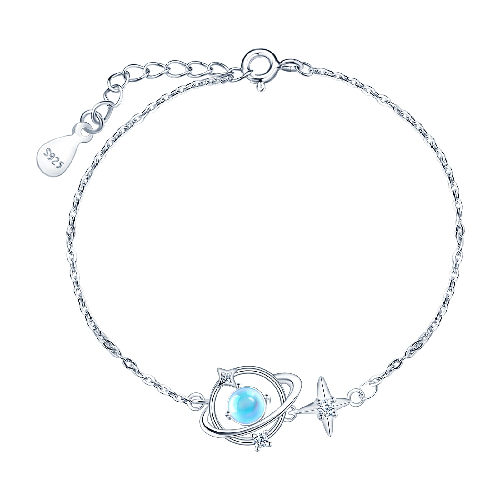 Bracciale Argento 925 Con Pianeta E Pietra Di Luna E Zirconio - Regolabile 16+5 Cm - Gioiello Donna Elegante, Creativo, Per Festa E Regalo