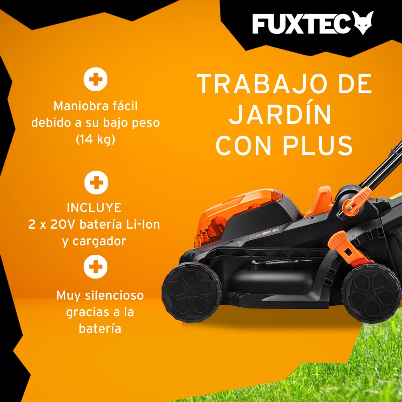 Cortacésped de batería Fuxtec FX-E1RM20 2x20V Set con 2 baterías y Cargador - 33cm de Ancho de Corte / 35L de Bolsa de Recogida de Hierba