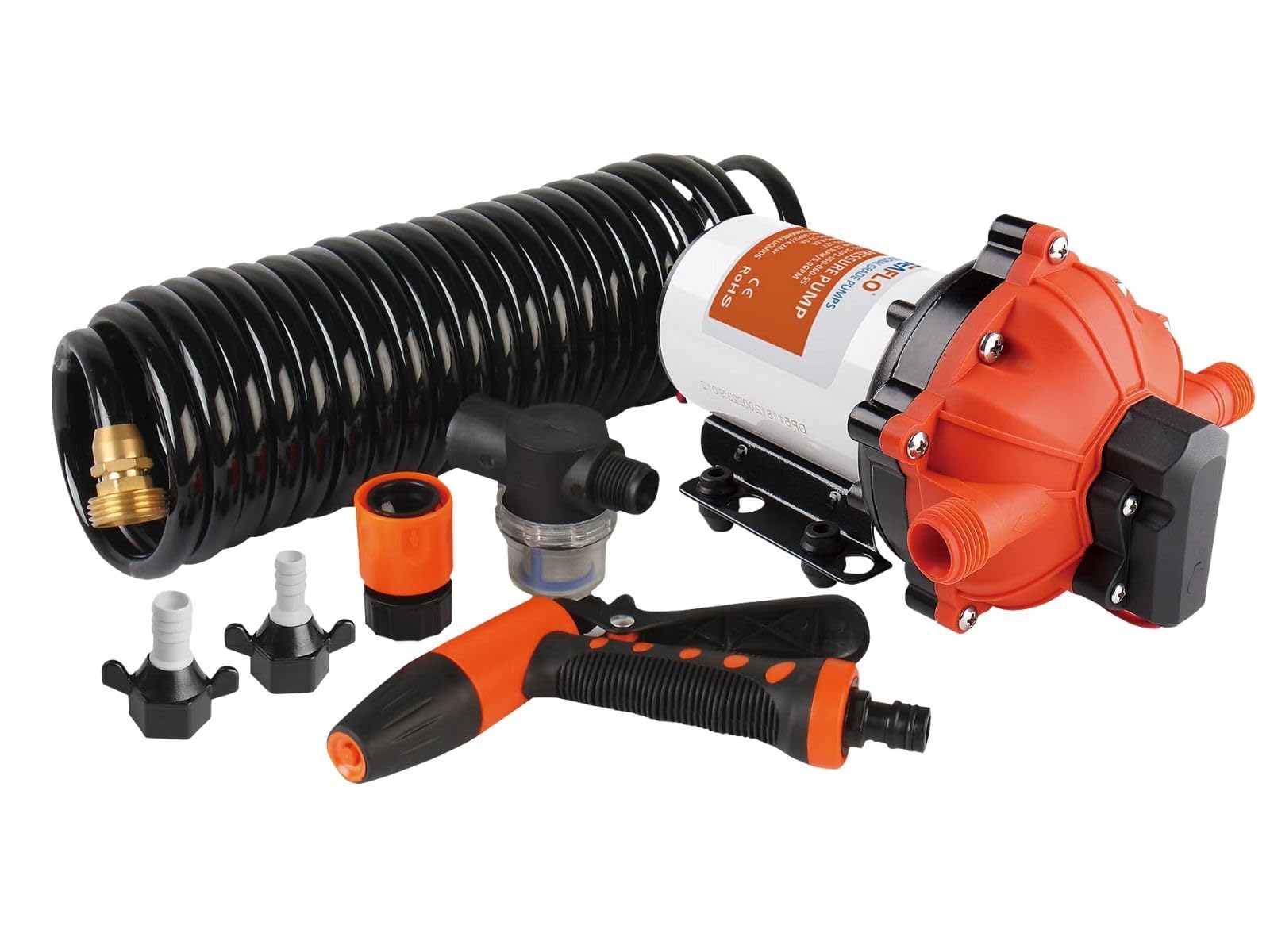 SEAFLO 55-Series Washdown Pump Kit - 12V DC, 5.5 GPM, 70 PSI, Self-Priming, Coiled Hose, Spray Nozzle, High Flow for RV, Boat, Off-Grid, Freshwater, and Saltwater Applications 4-Year Warranty